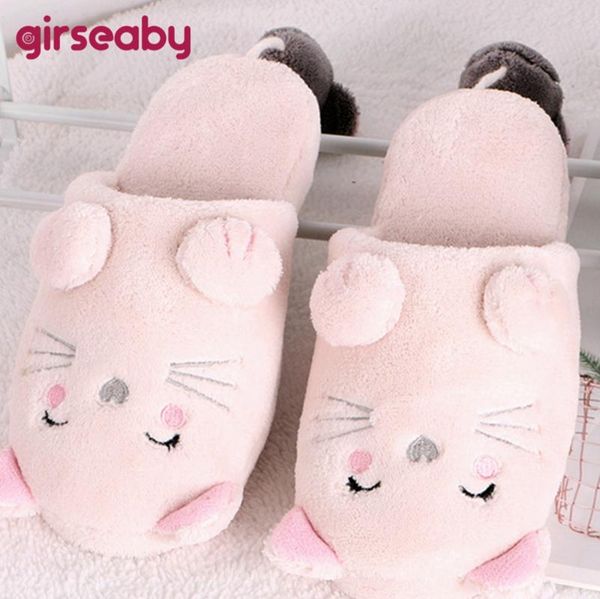 

slippers girseaby winter warm slipper for girls women round toe flat flock cute cat cartoon big size 35-41 pink indoor pantoufle f998, Black