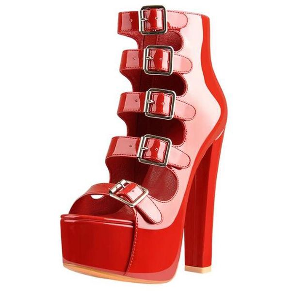 

summer patent leather waterproof platform open-toe watch band 16cm high heels ankle boots sandals women's sizes 35-45, Black
