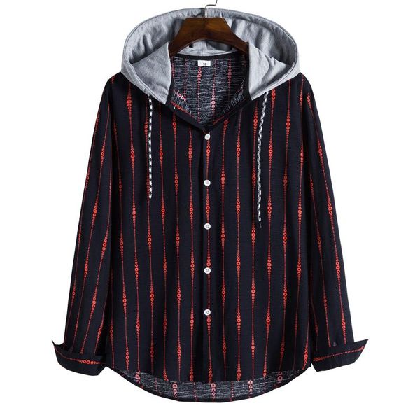 

men's casual shirts harajuku hooded shirt men dot stripe print long sleeve single breasted hip hop streetwear blouse, White;black