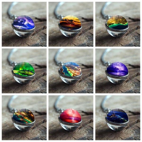 

pendant necklaces wg1pc double sided glass ball beautiful starry sky time gem&stone necklace metal cabochon sweater chain jewelry, Silver