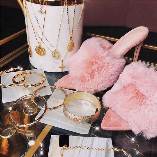 

summer woman pumps flock luxury fur candy color high heels peep toe slippers ladies slides shoes dress, Black