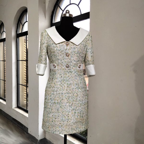 

casual dresses 2021 autumn of tweed women ed in fashion peter pan collar korean style half sleeve a577, Black;gray