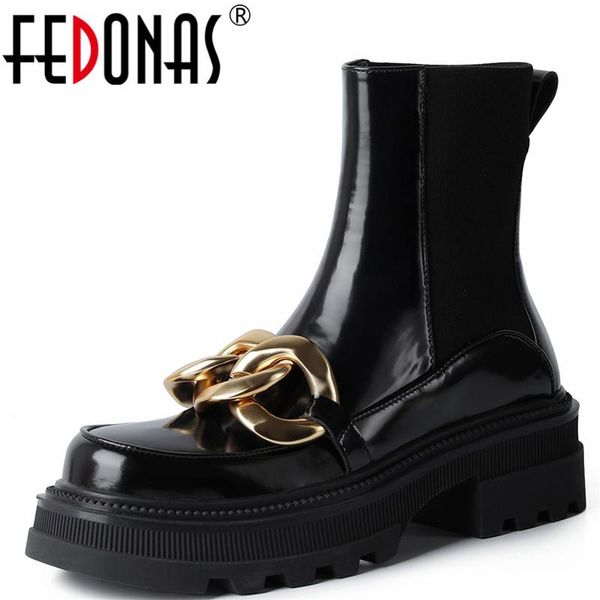 

boots fedonas metal decoration women ankle 2021 concise genuine leather autumn winter round toe thick heels casual shoes woman, Black