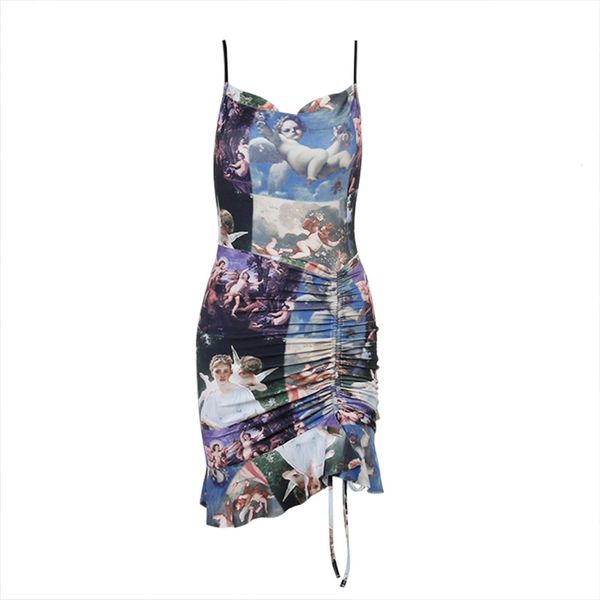 

sleeveless mini casual womens dresses angel print drawstring tight high waist square collar clothes for summer, Black;gray