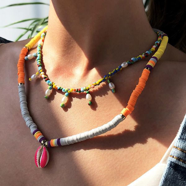 

double-layer soft polymer clay disc beaded choker necklace for women boho femme seashell pendant necklace handmade jewelry gifts, Silver