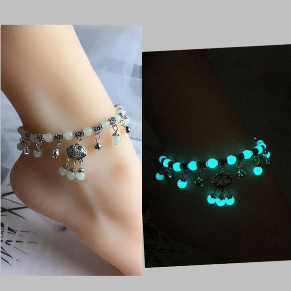

anklets women anklet chain bell tassel handcrafted ankle vintage style luminous stones bracelet adjustable h9, Red;blue