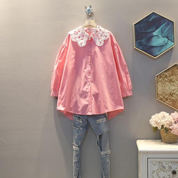 

women's blouses & shirts [ewq] 2021 spring autumn hollow out lapel collar long sleeve single breasted casual shirt women blouse femals, White