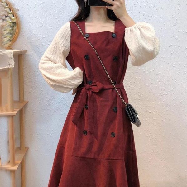 

casual dresses dress 2021 autumn clothes waist square collar double breasted thin fake two pieces of french retro long, Black;gray