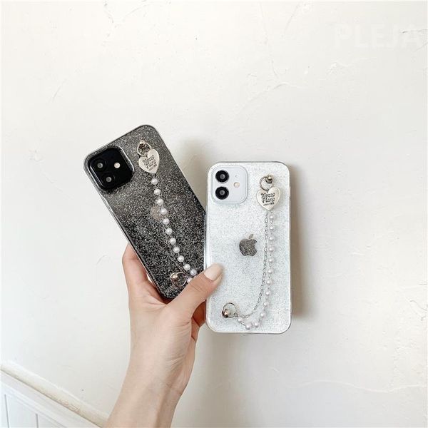 

cell phone pouches pearl chain wristband glitter case for 12 mini 11 pro max 7 8 plus x xr xs se 2021 tpu silicone cover cute capa