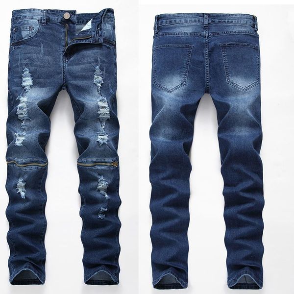 

men's jeans straight leg slim fitted casual pants basic legs, Blue