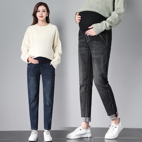 

maternity bottoms 535# pants spring autumn ninth thin jeans belly support elastic waist trousers, White