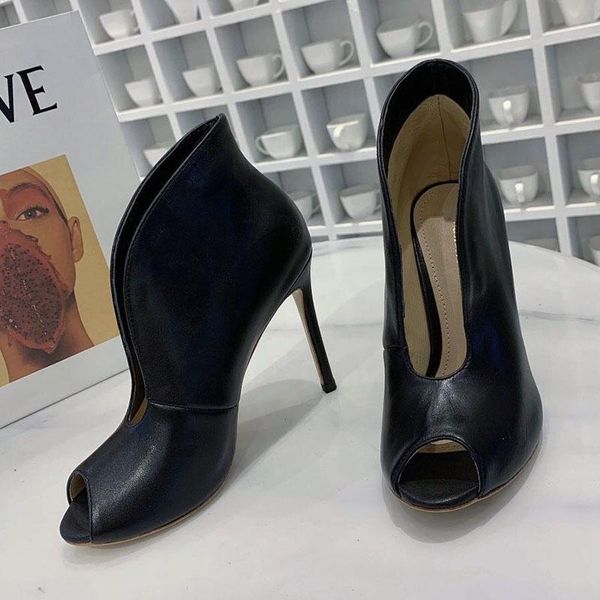 

boots european v-neck ankle stiletto high heel red carpet shoes open toe black leather autumn formal women