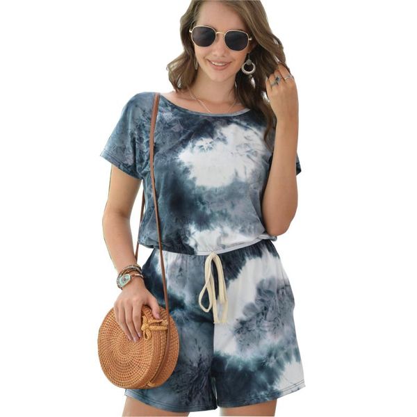 

casual playsuit rompers womens jumpsuit short sleeve tie dye print summer women jumpsuits korean clothes 2021 y0222a women's &, Black;white