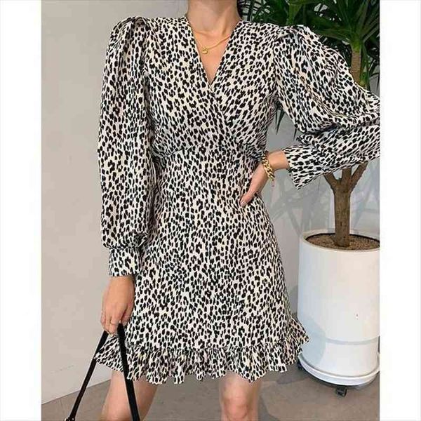 

korean chic vintage fashion leopard women dress streeetwear v neck high waist female dresses eleagnt puff sleeve office lady, Black;gray