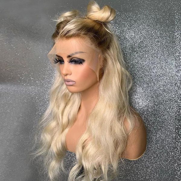 

lace wigs ombre blonde human hair for women 4t613 brazilian remy body wave 613 front wig 150% transparent pre plucked, Black;brown