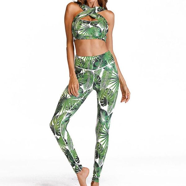 

plant printed yoga sets 2 piece set women sleeveless straps cross tube & high waist hip bottom pants fitness suit a20 outfit