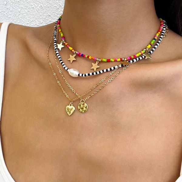 

chains bohemian colorful beads choker clavicle chain necklace gold meral star heart pendant female simple hip hop for woman jewelry, Silver