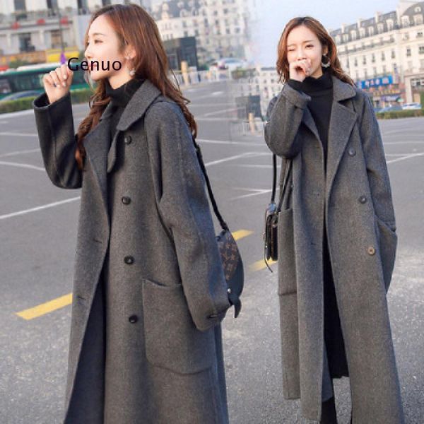 

casual solid winter coat women elegant fashion long single breasted wool and jacket warm women's autumn & blends, Black
