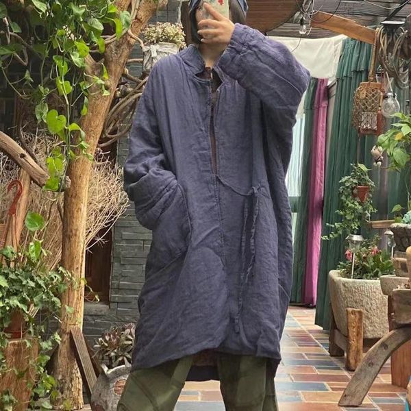 

johnature women vintage cotton linen parkas solid color bandage coats stand long sleeve 2021 spring loose pockets women's down, Black