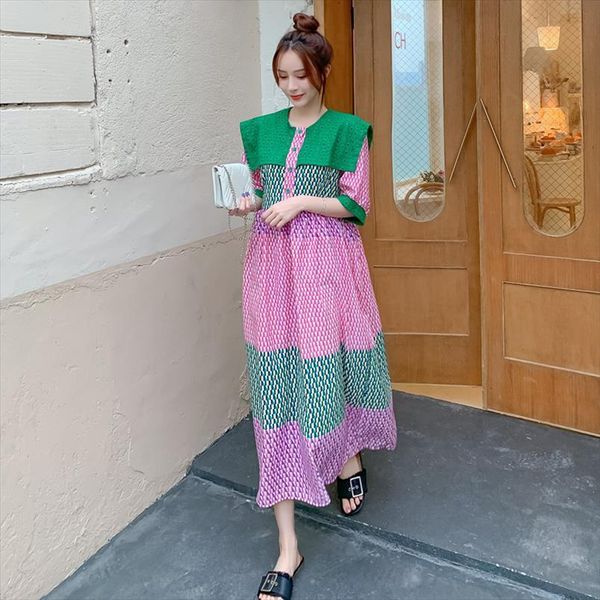 

[ewq] summer big turn down womens dress collar short sleeve stitching large size clothing contrasting check ladies robe 16w4, Black;gray