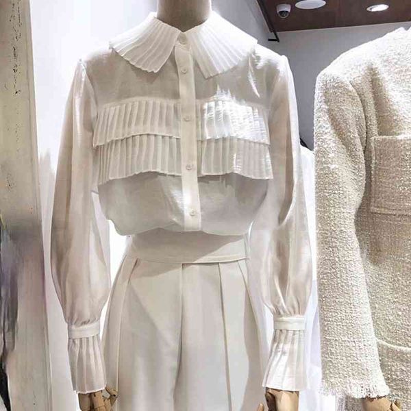 

korean fashion folds design buttoned shirt women blouses spring long sleeve mujer turn-down collar blusas mujer 210514, White