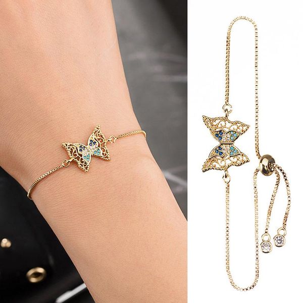 

link, chain rhinestone inlay alloy bracelet for women adjustable butterfly shape cuff bracelets m8694, Black