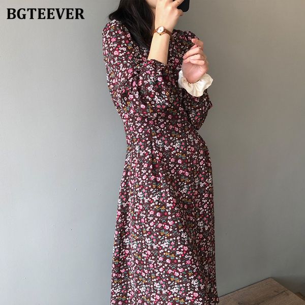

dresses new elegant o-neck floral print women midi full lantern sleeve lace-up female dress 2021 spring summer vestido jk13, Black;gray