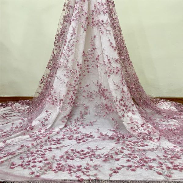 

ribbon latest pink african 3d flower sequins lace fabric 2021 nigerian wedding tulle for women bridal, Pink;blue