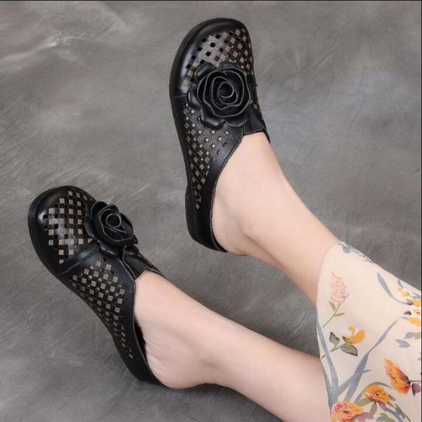 

slippers 2021 summer retro handmade women cover toes breathable hole shoes outdoor genuine leather flat, Black