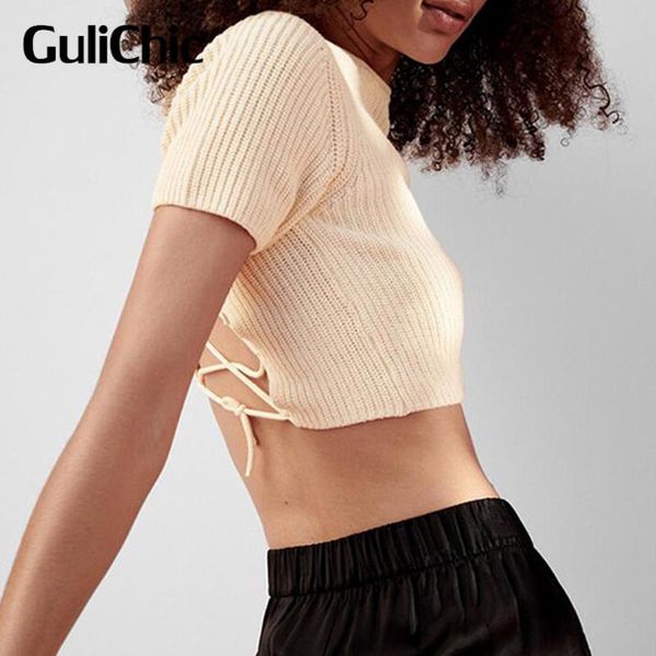 

women's t-shirt 4.27 women 2021 summer knit stitching strips backless bandage short sleeve slim waist female, White