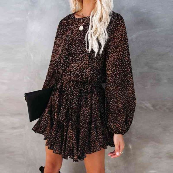 

casual dresses spring women leopard print long sleeve round neck ruffles a-line female vintage loose short vestidos n1eb, Black;gray