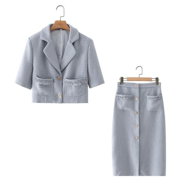 

two piece dress puwd vintage women grey notched collar smoking suits 2021 summer fashion ladies slender single breasted twin sets girl chic, White
