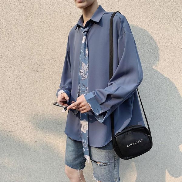 

men's casual shirts 2021 autumn men loose printing solid color spliced tie bring camisa masculina lapel long sleeve cotton shirt homme, White;black