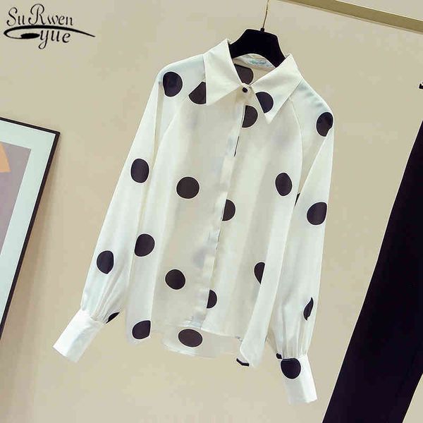 

autumn women long sleeve shirt chiffon blouse polka dot shirts casual loose slim korean elegant ol blusas 11145 210427, White