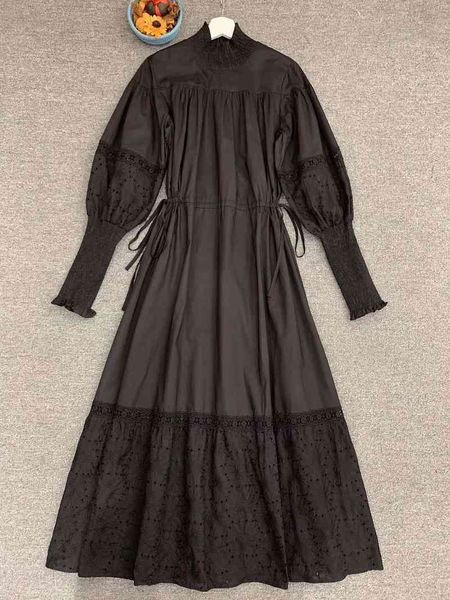 

capris est fashion 2021 spring style women hollow out lace embroidery drawstring waist long sleeve black white maxi, Black;gray