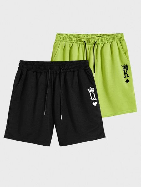 

men 2pcs drawstring waist playing card print shorts w8tc#, Black