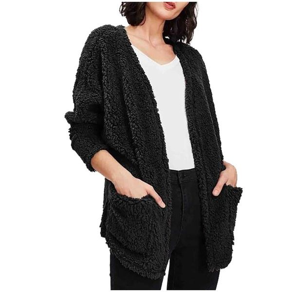 

ladies fashion loose short coats women winter casual big pocket plush jacket solid outwear mujer chaqueta 2021 #4 women's jacke, Black;brown