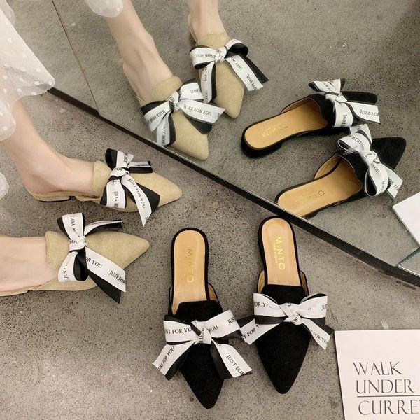 

slippers baotou half outside women wear the spring 2021 web celebrity bowknot joker muller pointed lazy shoes, Black