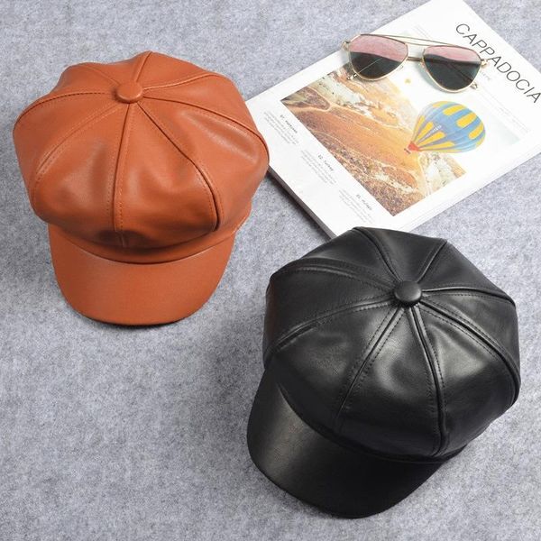 

berets leather sboy cap quality fashion artist pu female korean octagonal spring winter casual beret women flat hat, Blue;gray