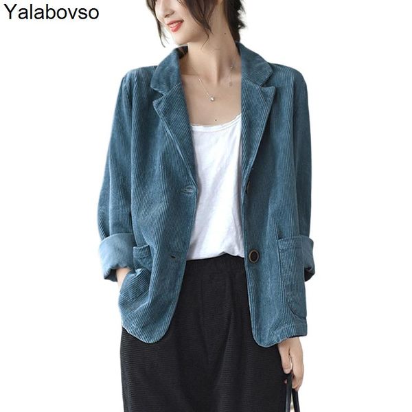 

women's jackets autumn corduroy suit collar coat loose long sleeves with striped cardigan short jacket female solid color yalabovso, Black;brown