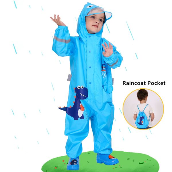 Blauer Dinosaurier-Regenmantel für Jahre alte Kinder, Outdoor-Overalls, wasserdichte Regenbekleidung, Baby-Jungen-Mädchen-Regenmantel und Regenhosenanzug