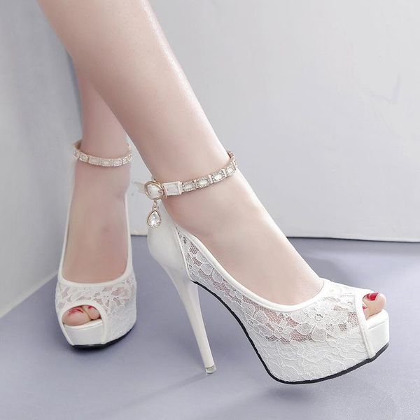 

dress shoes women sweet 12cm super high heels pumps woman lace field with rhinestones fish mouth thin bride platform wedding, Black