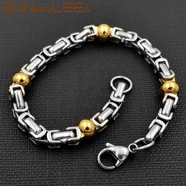 

link, chain sunnerlees fashion jewelry stainless steel bracelet 6mm byzantine beads link silver black gold color for men women sc102 b