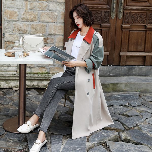 

women's luxury jacket windbreaker women's medium length british style 2021 spring splicing contrast korean loose chic coat, Black;brown
