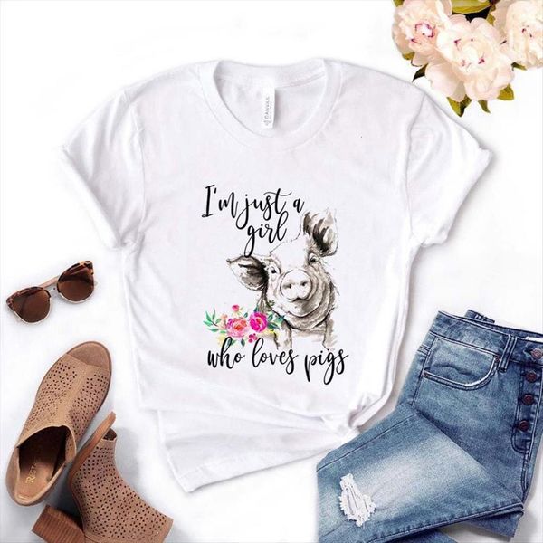 

im just a girl women who loves pigs floral cotton casual funny t shirt for lady yong tee, White