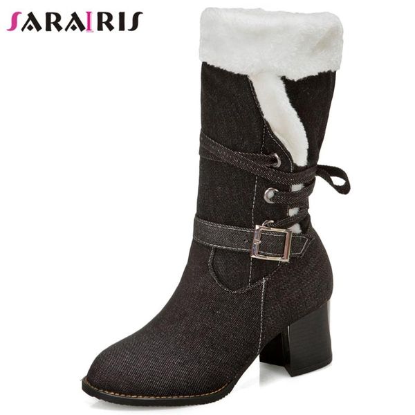 

boots sarairis winter denim warm women 2021 high heels ladies add fur mid-calf shoes, Black