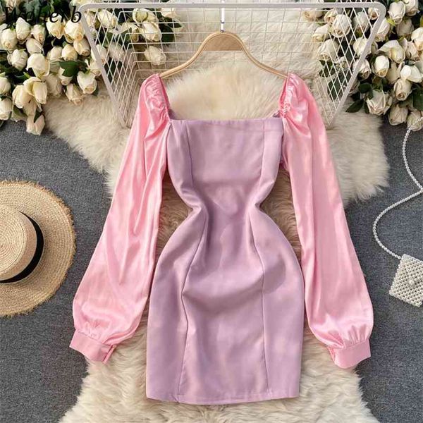 Donne di stile coreano elegante casual estate mini vestito sexy vintage contrasto di colore abito femminile manica a sbuffo matita abiti 210519