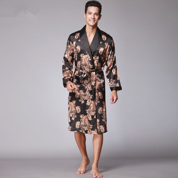 

men's silk bath robe chinese king dragon sleepwear home clothes satin pajamas long kimono dressing gown bathrobe for men, Black;brown