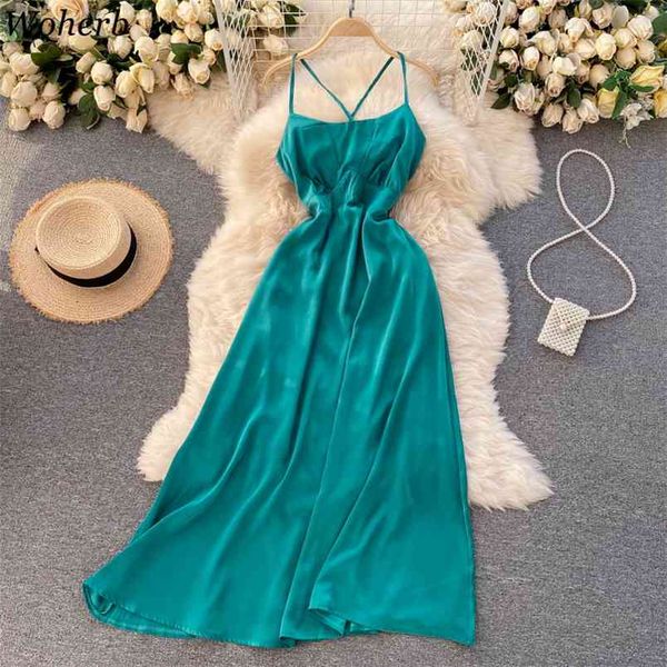 Verão Mulheres Sexy Vestido Vintage Spaghetti Strap Sundress Coreano Chic Festa Elegante Maxi Vestidos Longo Vestidos Femme Robe 210519