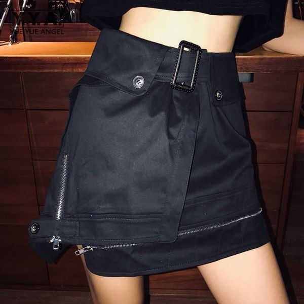 

skirts fashion women clothes design asymmetricalÂ zipper cargo skirt female summer patchwork loose sashes high waist a-line mini, Black